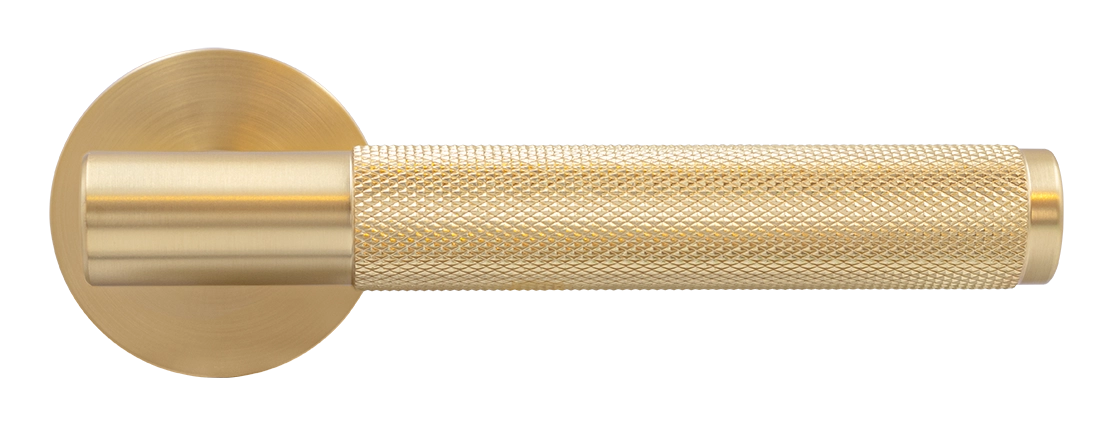 Ручка дверная AZRIELI MH-57-R6T MSG раздельная на круглой розетке, цвет матовый сатинированный золото, ЦАМ фото купить в Туле