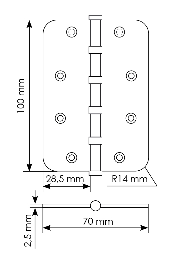 Петля стальная MSN-C 100X70X2.5-4BB SG скругленная универсальная с подшипником, вес полотна до 40 кг, цвет матовое золото фото купить в Туле